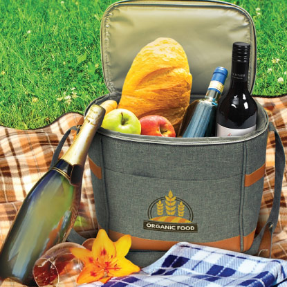 Promotional cooler bag on picnic rug