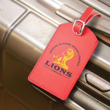 Red travel label with company logo