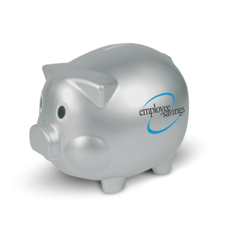 Grey piggy bank with company logo printed