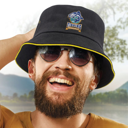 Smiling man wearing promotional bucket hat
