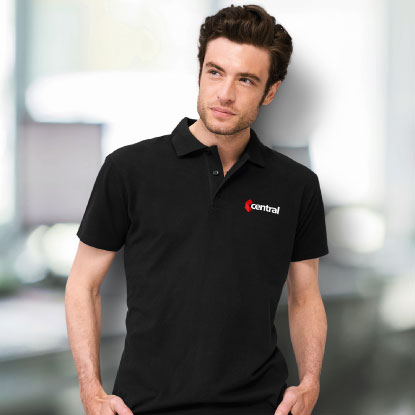 Man wearing logo branded polo shirt
