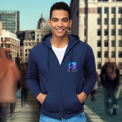 Man wearing promotional hoodie