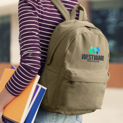 Student wearing promotional backpack
