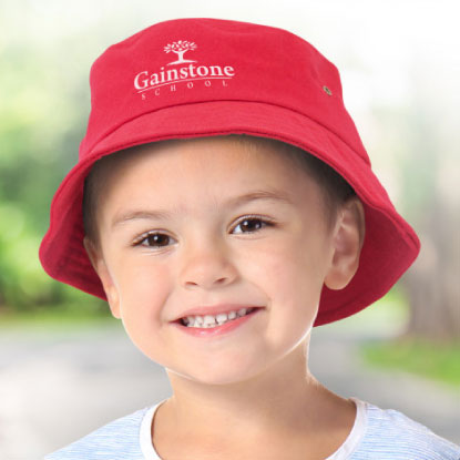 Boy with red promoitonal bucket hat