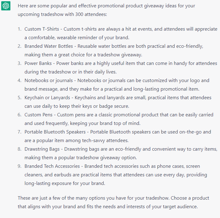 Chat GPT response for promotional products recommendations