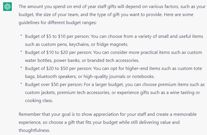 Chat GPT response for promotional products budgeting guide