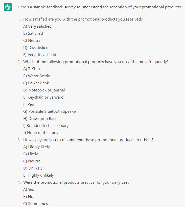 Chat GPT response for creating a merchandise feedback survey