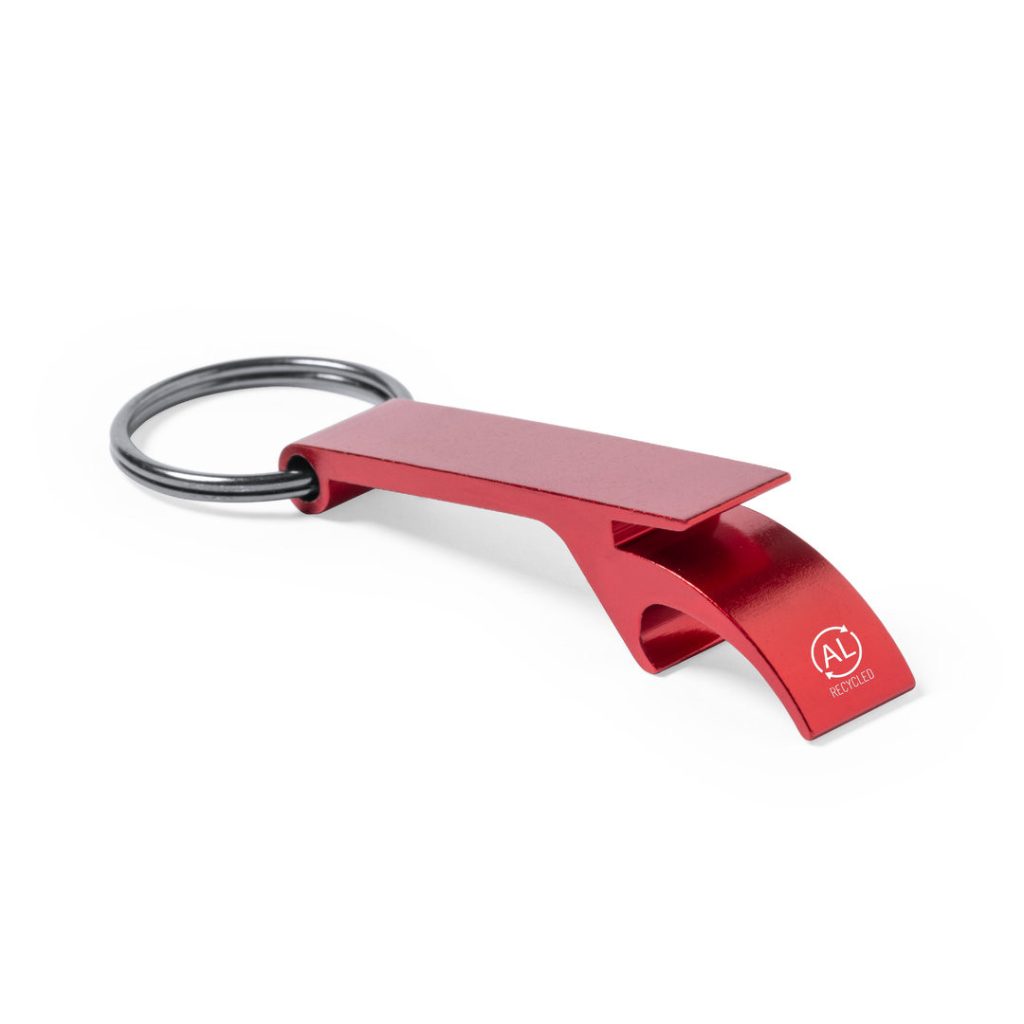 A red keying bottle opener made from recycled aluminum