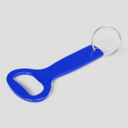 Light blue bottle opener with a keyring.