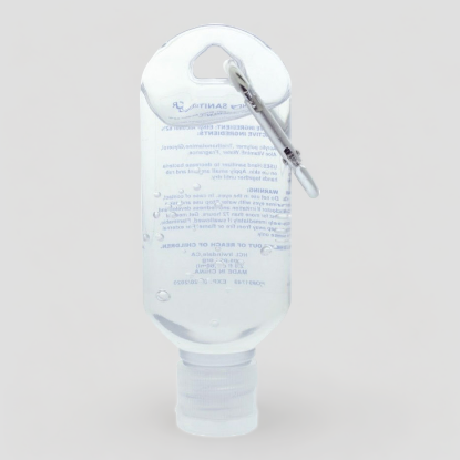 Unbranded hand sanitiser with a silver carabiner attached to the top.