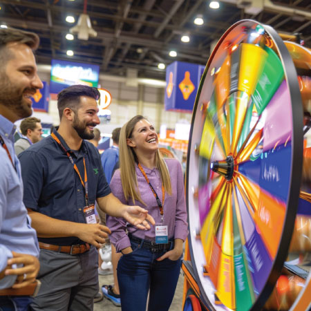 Smiling people looking at game wheel at trade show