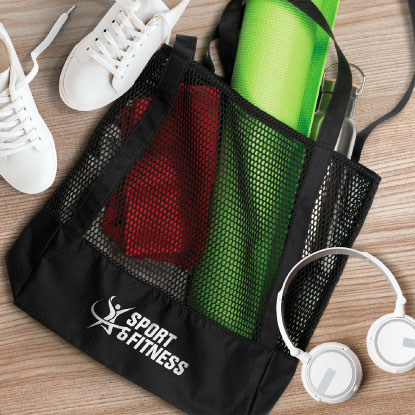 A promotional mesh sports bag with a yoga mat, drink bottle and towel inside