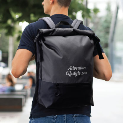 Man wearing promotional backpack