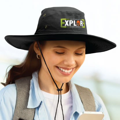 Woman wearing promotional broad brim hat