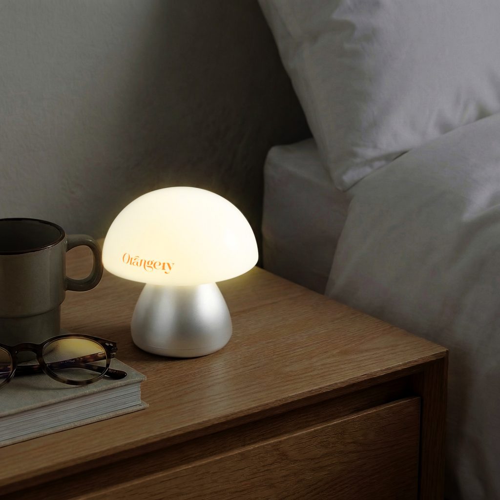 Branded Mushroom Lamp on Bedside table