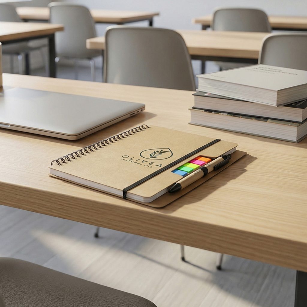 Custom Branded Eco Notebook Set – Sustainable Promotional Merchandise for Conferences and Corporate Events Branded recycled kraft notebook with pen and sticky note tabs featuring a custom logo, on a desk in a training or conference room