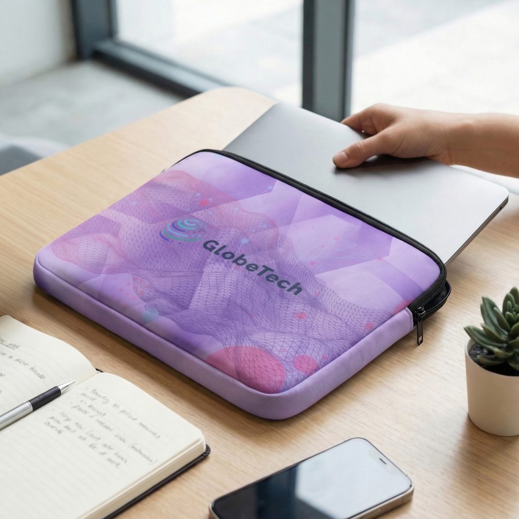 Custom Branded Laptop Sleeve – Premium Promotional Merchandise for Corporate Gifting and Staff Onboarding Custom full-colour printed laptop sleeve with branded logo and design, on a desk in a modern office setting