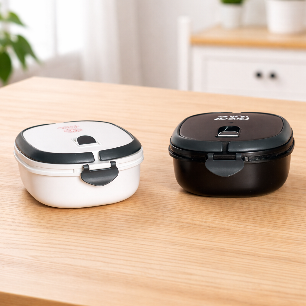 Custom Branded Lunch Boxes – Promotional Merchandise for Staff Gifts and Corporate Wellness Programs Two branded lunch boxes in white and black with custom logo print, on a kitchen bench — promotional merchandise for staff gifting and workplace wellness campaigns