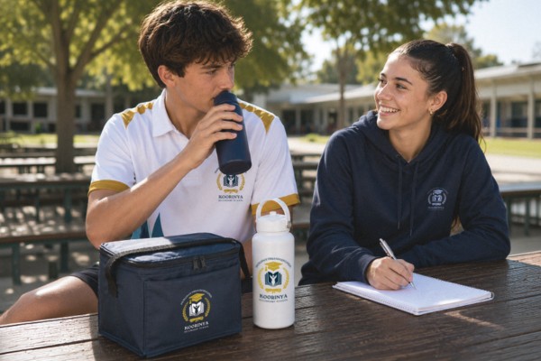 Two students enjoying lunch break with custom branded cooler bag and water bottle