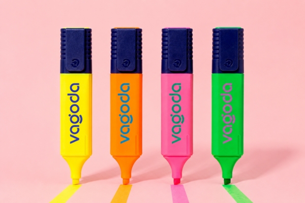 Colourful branded Vagoda highlighters illustrating how promotional merchandise can create memorable brand touchpoints throughout the customer buyer journey.