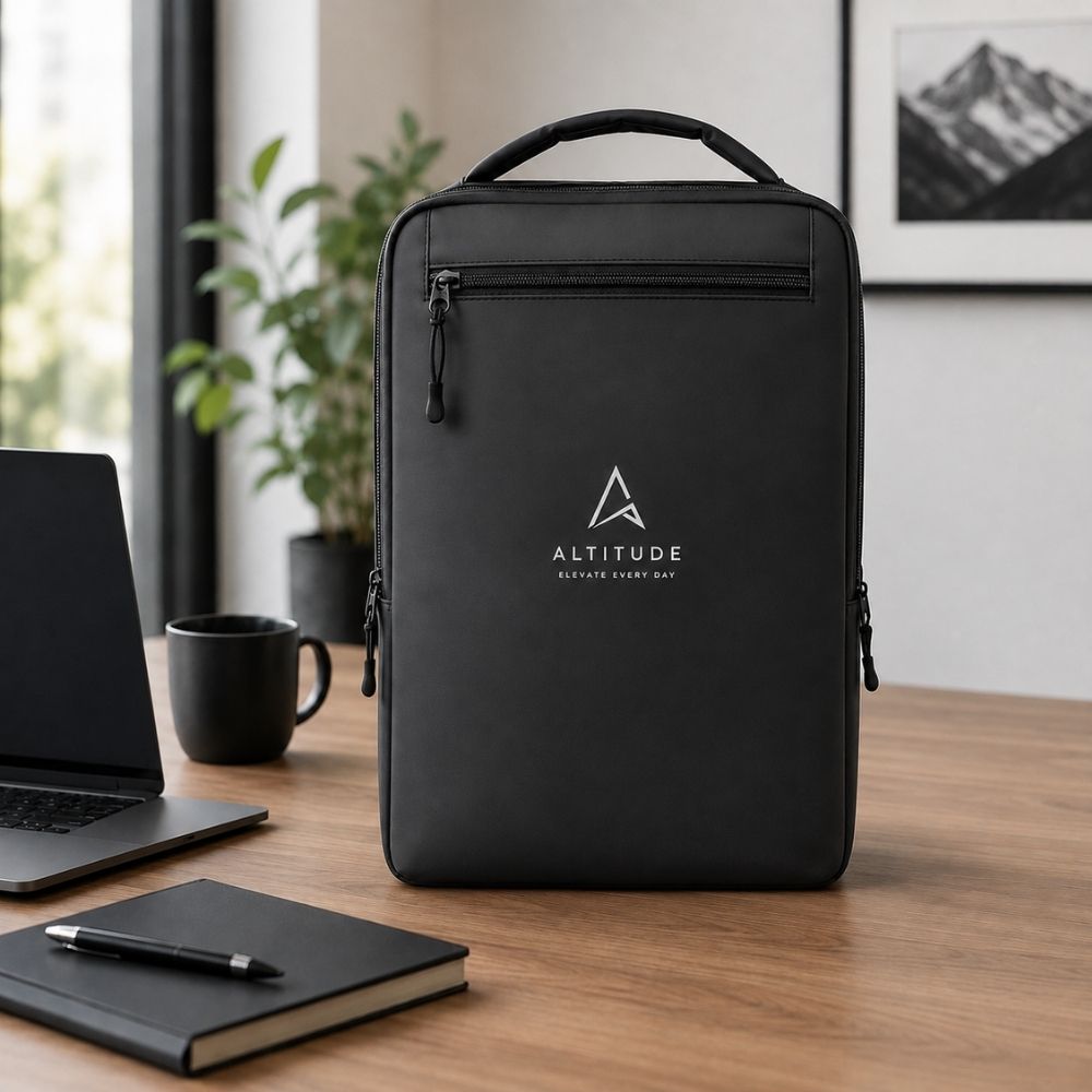 Premium Branded Backpacks Australia Black branded business backpack displayed on an office desk beside a laptop and notebook