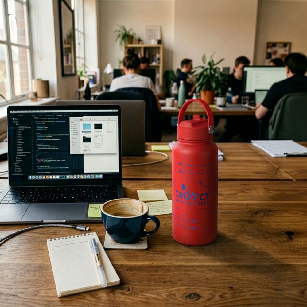 Branded Promotional Drink Bottle in an Australian Office Branded red promotional drink bottle on an office desk, demonstrating how useful promotional merchandise can keep a business top of mind and encourage customer referrals.