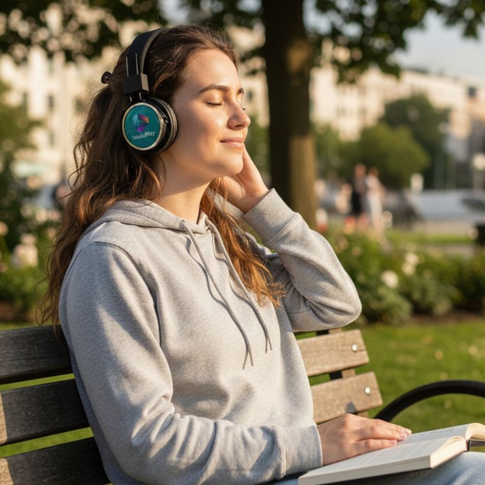 Branded Promotional Headphones in Everyday Use Woman wearing branded promotional headphones in a park, showing how useful branded merchandise can create ongoing brand exposure and encourage word-of-mouth referrals.