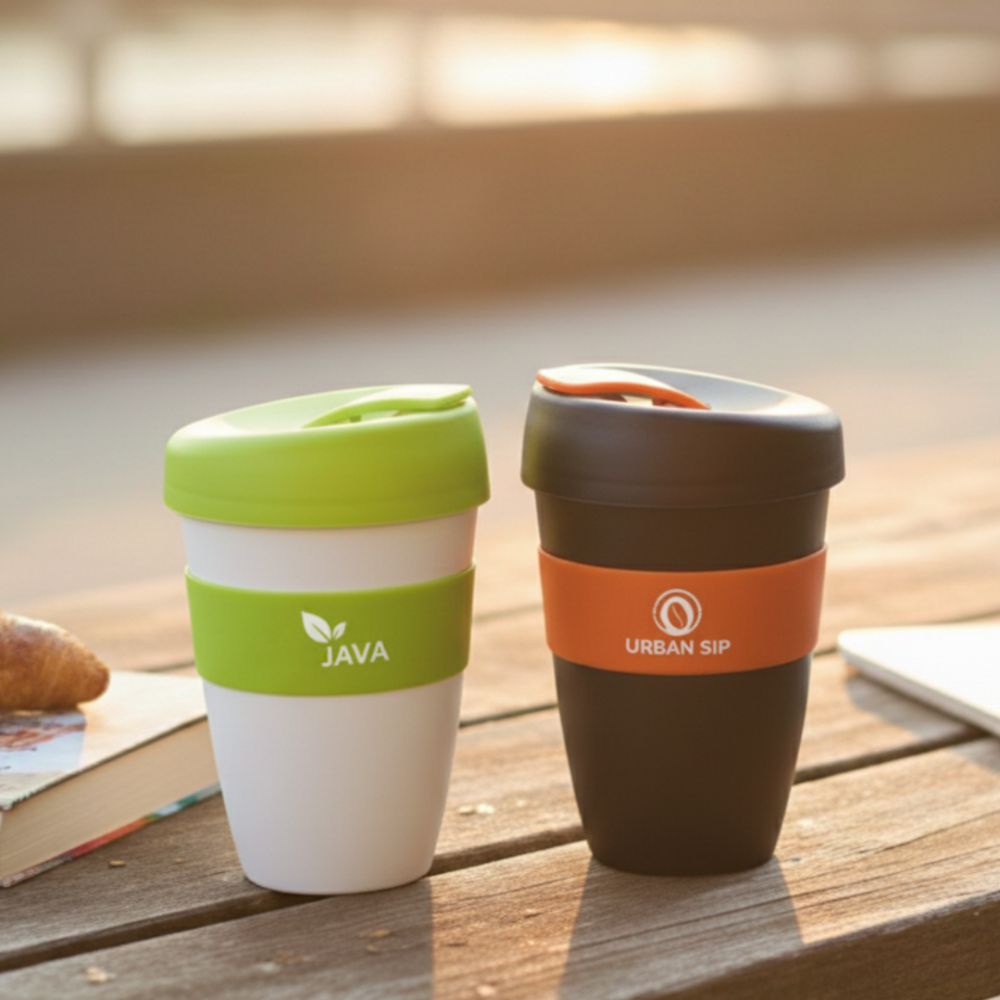 Branded Reusable Coffee Cups for Customer Referrals Two branded reusable coffee cups on a table, showing practical promotional merchandise that keeps brands visible and encourages customer referrals.