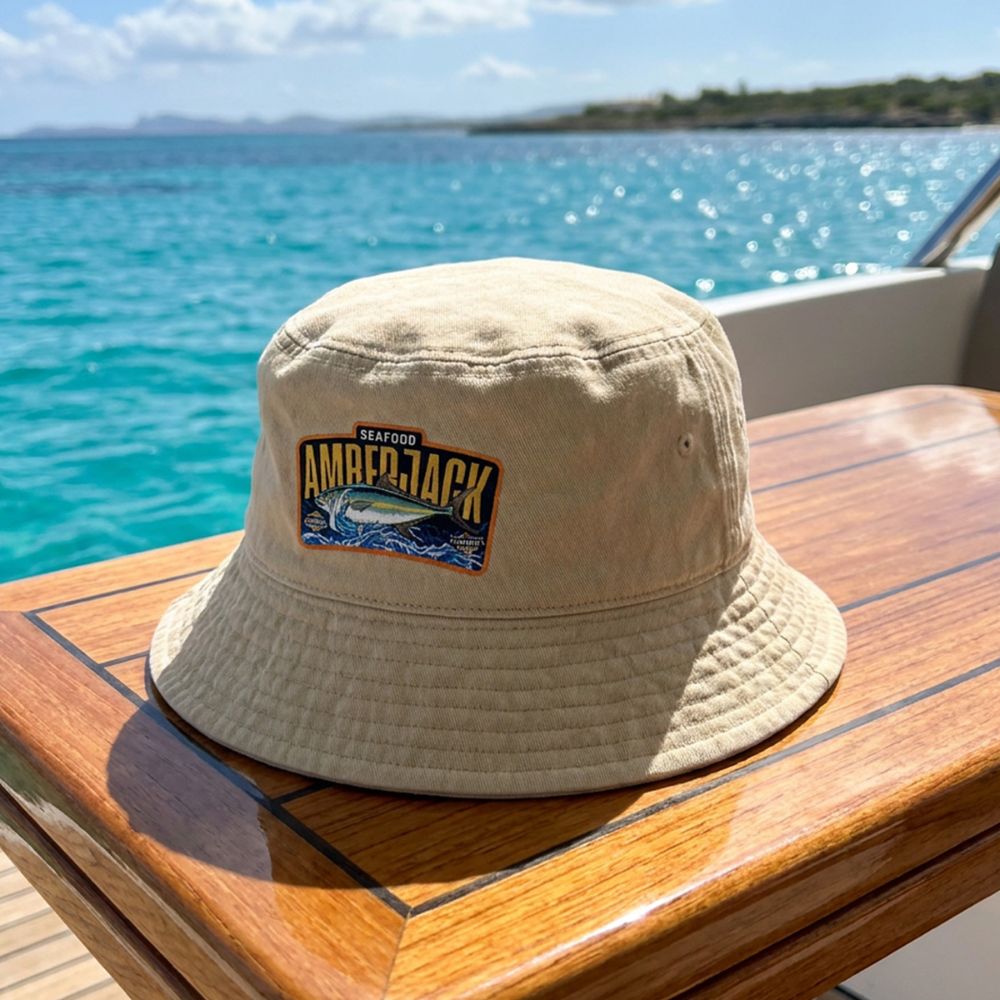 Branded Bucket Hat for Outdoor Promotional Marketing Branded beige bucket hat displayed on a boat, showing wearable promotional merchandise that creates ongoing brand visibility and supports customer referrals.
