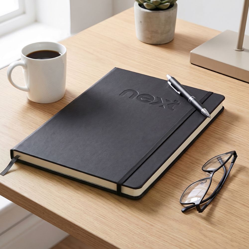 Branded Notebook and Pen for Customer Gifting Black branded notebook and pen on an office desk, showing practical promotional merchandise that keeps a business top of mind and supports customer referrals.