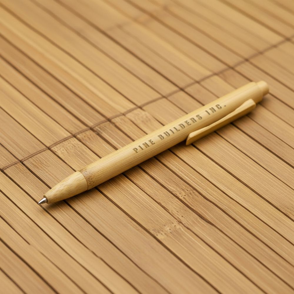 Branded Bamboo Pen for Promotional Marketing Branded bamboo promotional pen on a wooden surface, showing a practical everyday merchandise item that keeps a business visible and supports customer referrals.