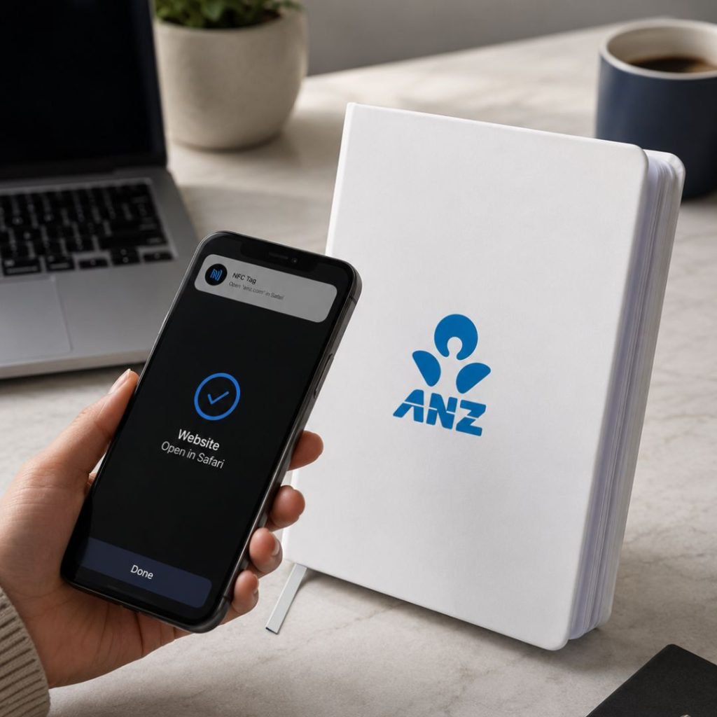 NFC Branded Merchandise Connecting Physical and Digital Marketing Person tapping a smartphone against an ANZ branded NFC notebook to open a website, showing how promotional merchandise can connect physical and digital customer journeys.