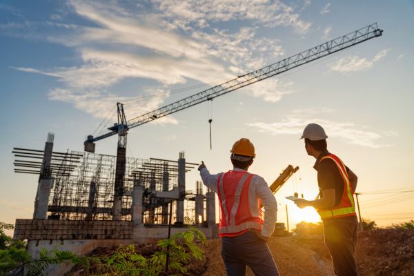 Two construction workers in high-vis gear and hard hats on an Australian building site