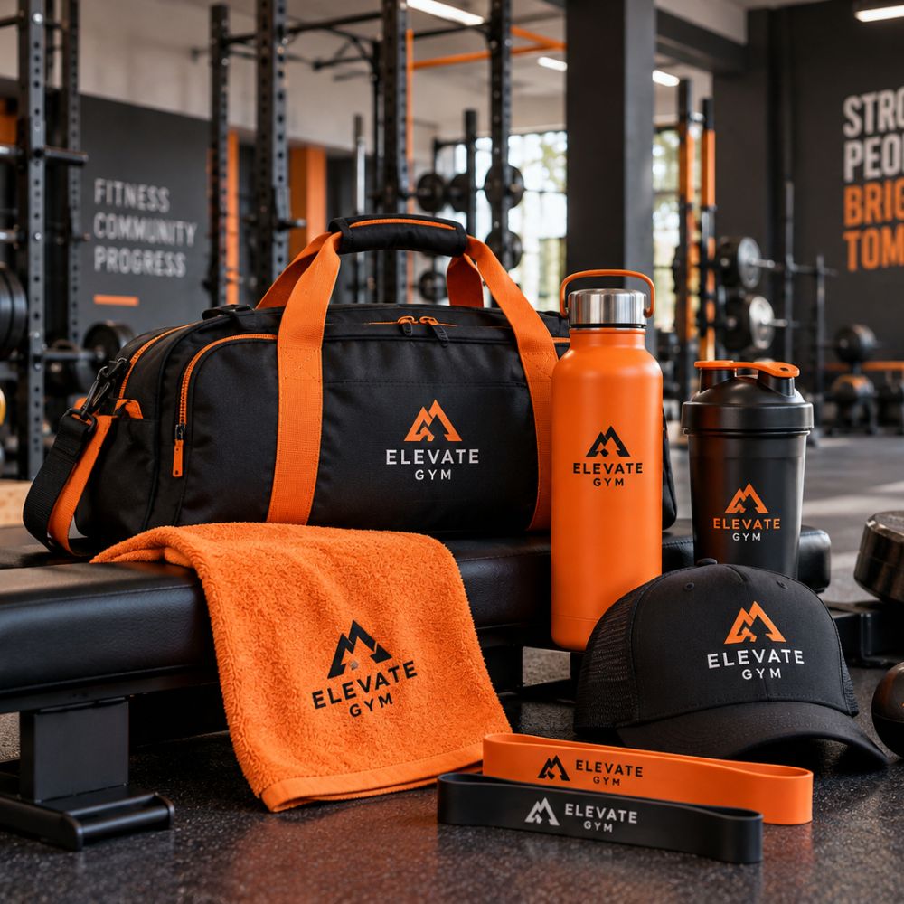 Branded Gym Merchandise & Promotional Fitness Products Australia Custom branded gym merchandise featuring an orange drink bottle, gym towel, protein shaker, sports bag, cap and resistance bands displayed in a fitness centre.