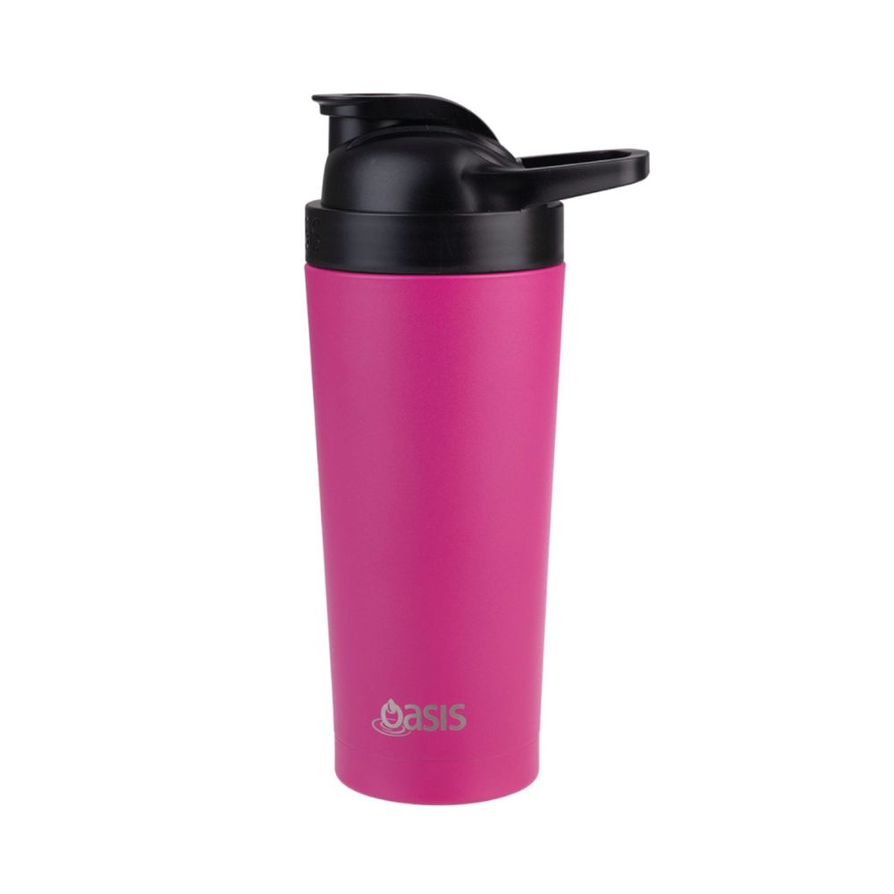 Pink Oasis Protein Shaker – Promotional Gym Merchandise Pink Oasis stainless steel protein shaker with black flip-top lid and carry handle, ideal for custom branded gym merchandise and fitness welcome packs.