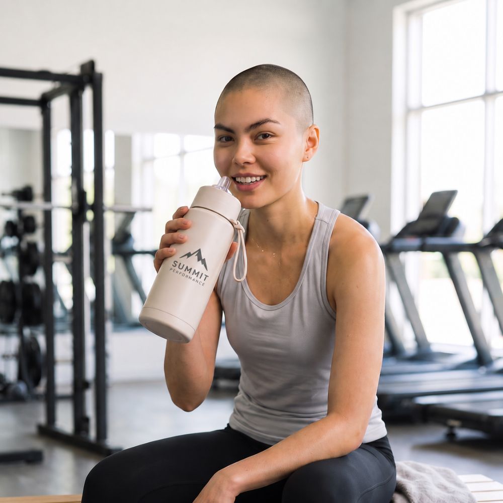 Branded Gym Drink Bottle – Custom Promotional Fitness Merchandise Woman in grey activewear drinking from a beige Summit Performance branded water bottle while sitting in a gym, showcasing custom promotional drink bottles for fitness centres.