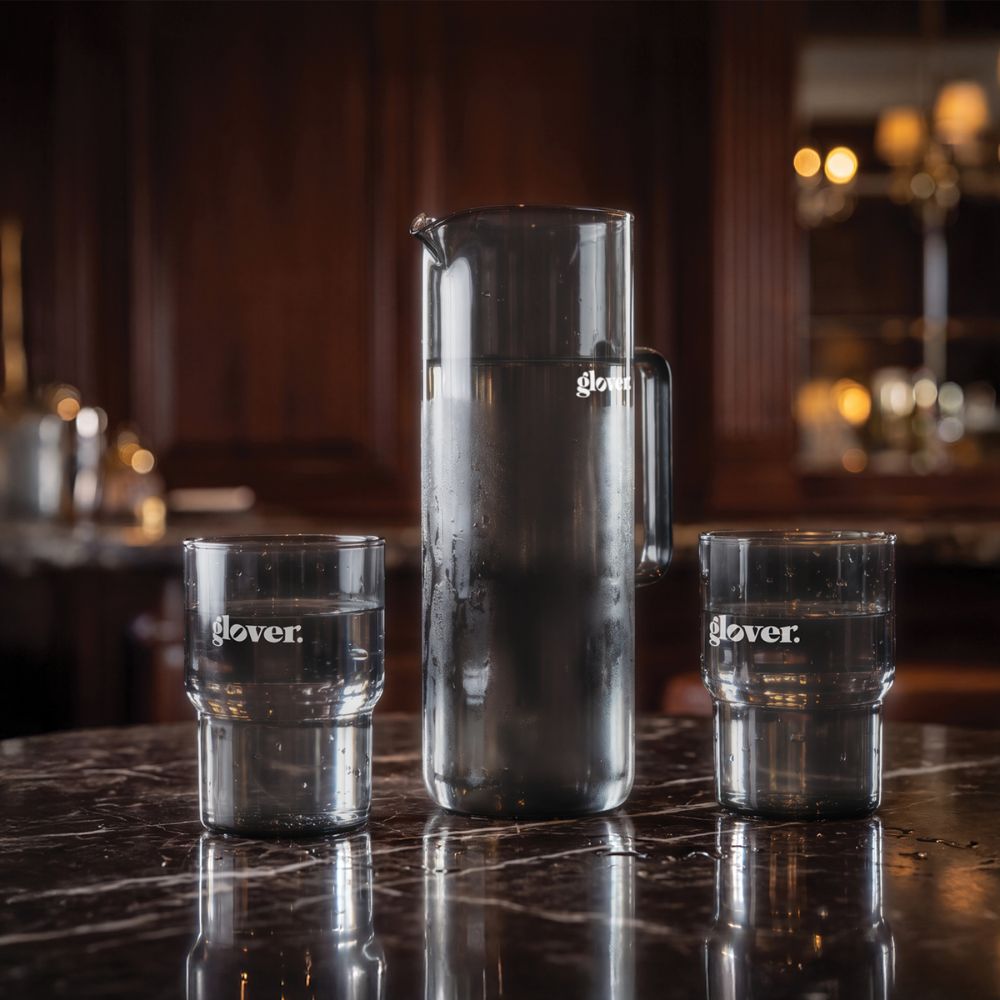 Branded Glassware Corporate Christmas Gift Set Branded glass water jug and matching drinking glasses, a premium corporate Christmas gift idea for clients and employees in Australia.