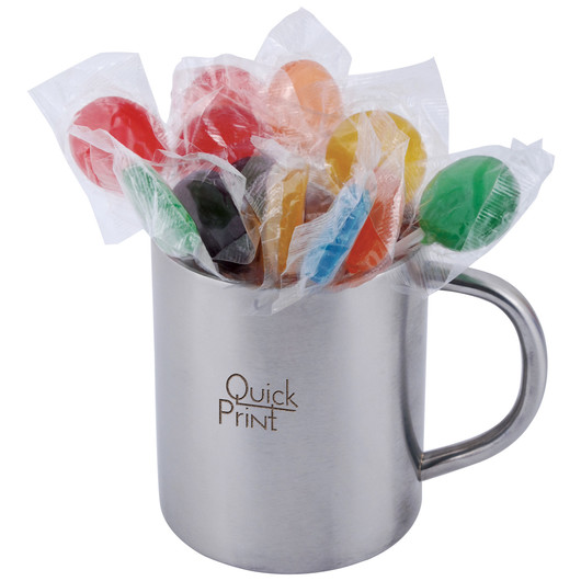 Assorted Lollipops in Stainless Steel Mugs