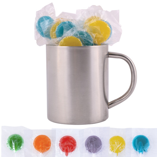 Corporate Coloured Lollipops in Stainless Steel Mugs